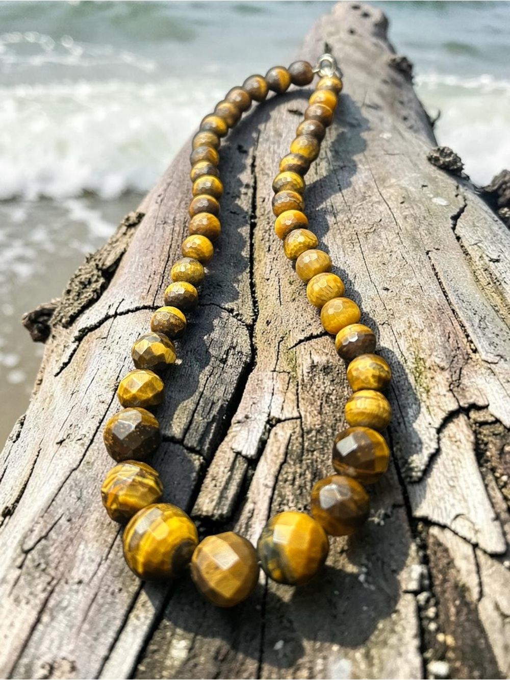 16” Faceted Natural Tiger Eye Bead Necklace Sterling Silver Clasp